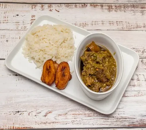White rice,plantain and ayamashe